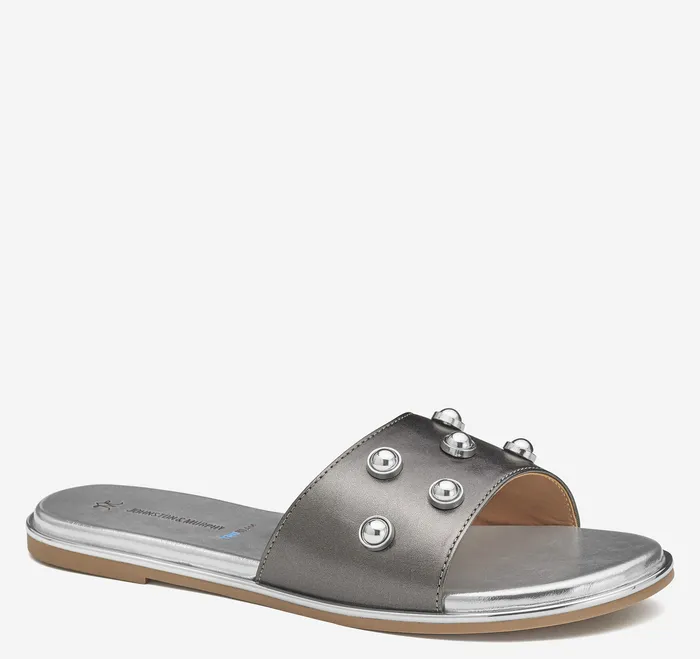 Women Sandals Johnston and Murphy Shayla Embellished Slide Pewter Metallic Sheepskin