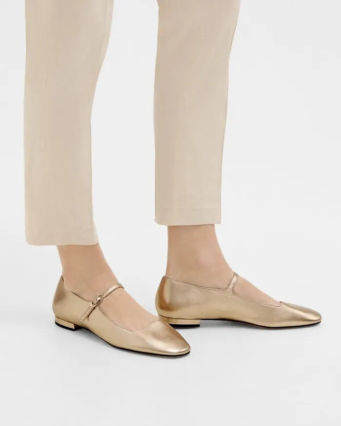 Women Shoes Theory Mary Jane Ballerina Flat In Metallic Leather Light Gold