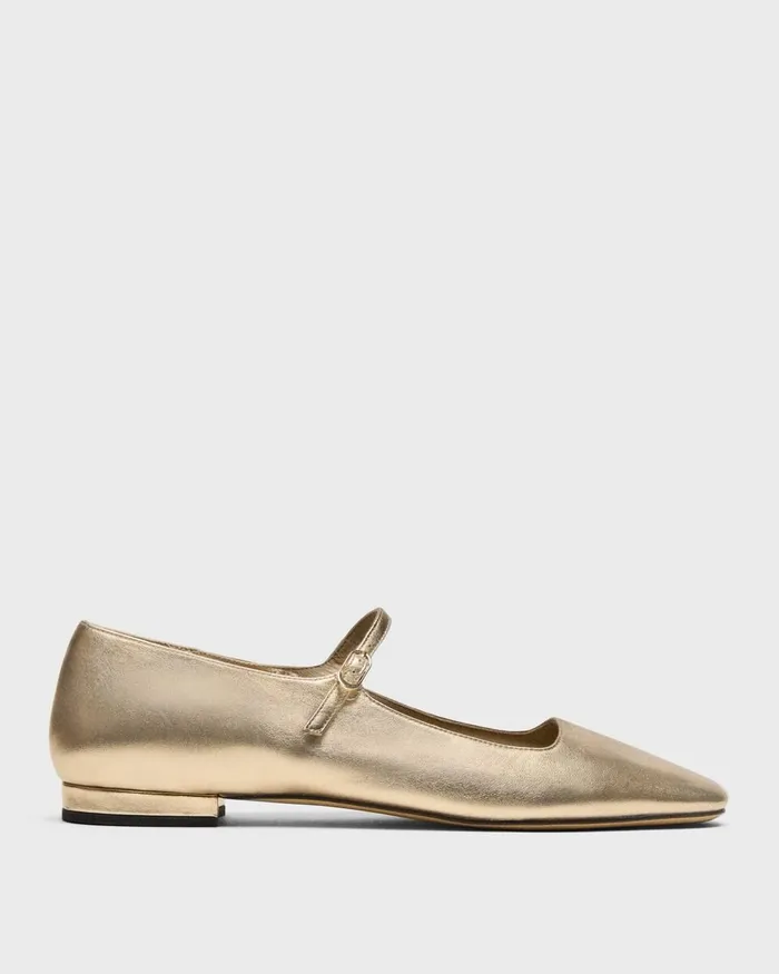 Women Shoes Theory Mary Jane Ballerina Flat In Metallic Leather Light Gold