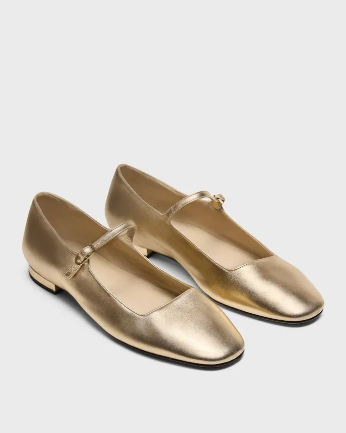 Women Shoes Theory Mary Jane Ballerina Flat In Metallic Leather Light Gold