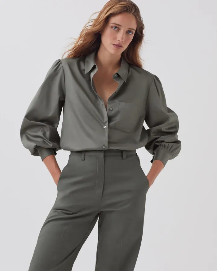Women Silky Cotton Shirt Basil Dark Green Comptoir Des Cotonniers Blouses and Shirts and Tops