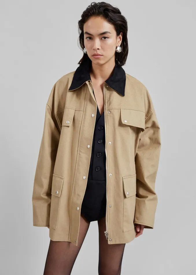 Women Stevan Contrast Collar Cargo Jacket 8211 Beige The Frankie Shop Outerwear