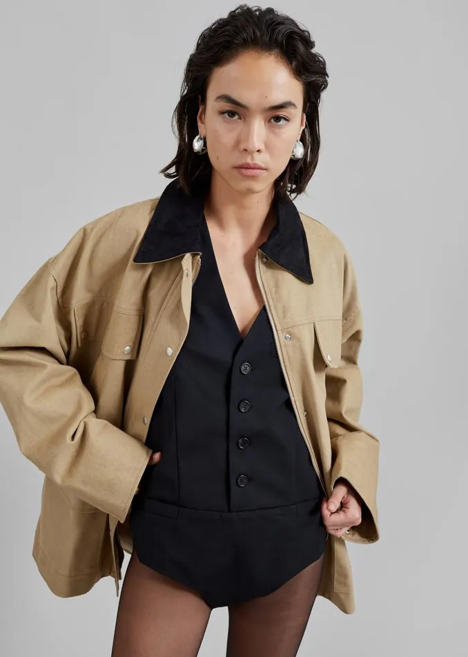 Women Stevan Contrast Collar Cargo Jacket 8211 Beige The Frankie Shop Outerwear