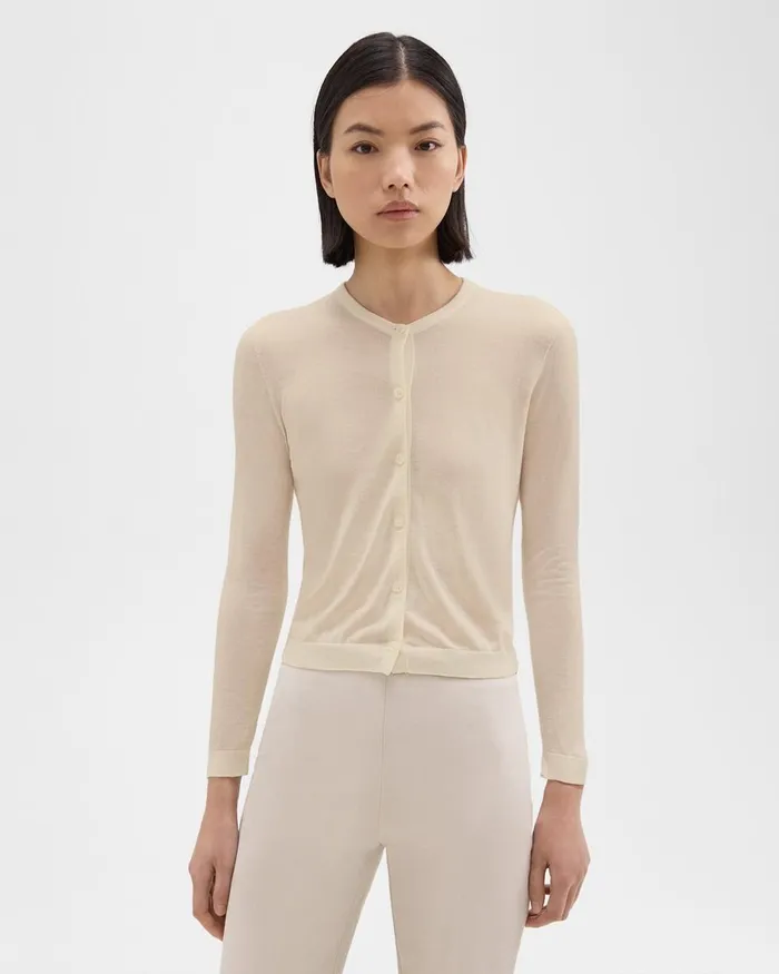 Women Sweaters Cardigans Theory Crewneck Cardigan In Regal Wool Ecru