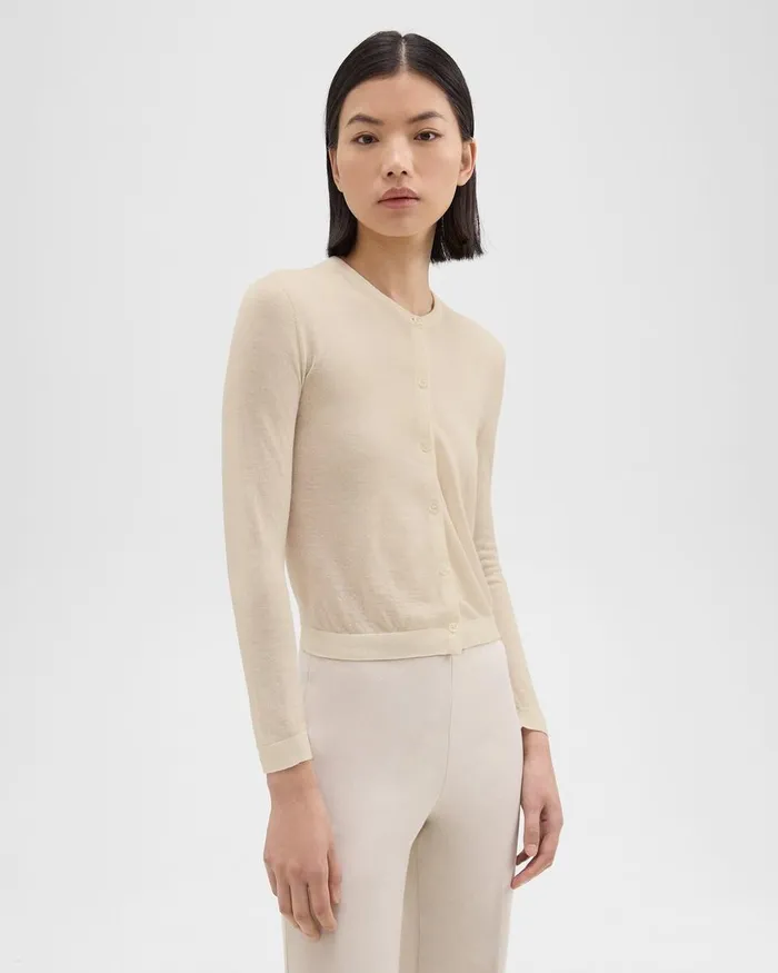 Women Sweaters Cardigans Theory Crewneck Cardigan In Regal Wool Ecru