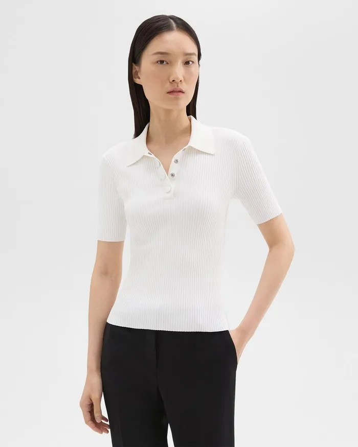 Women Sweaters Cardigans Theory Ribbed Polo In Crepe Knit White