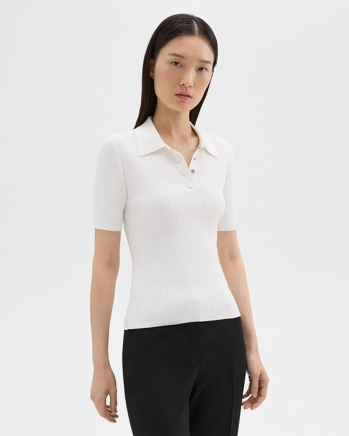 Women Sweaters Cardigans Theory Ribbed Polo In Crepe Knit White