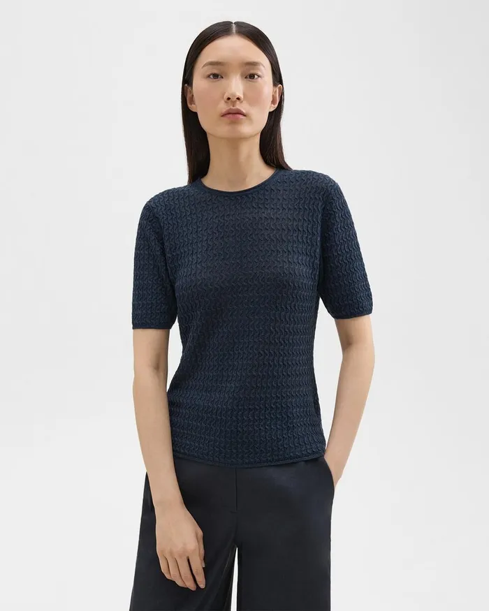 Women Sweaters Cardigans Theory ShortSleeve Sweater In Cable Knit Linen Nocturne Navy