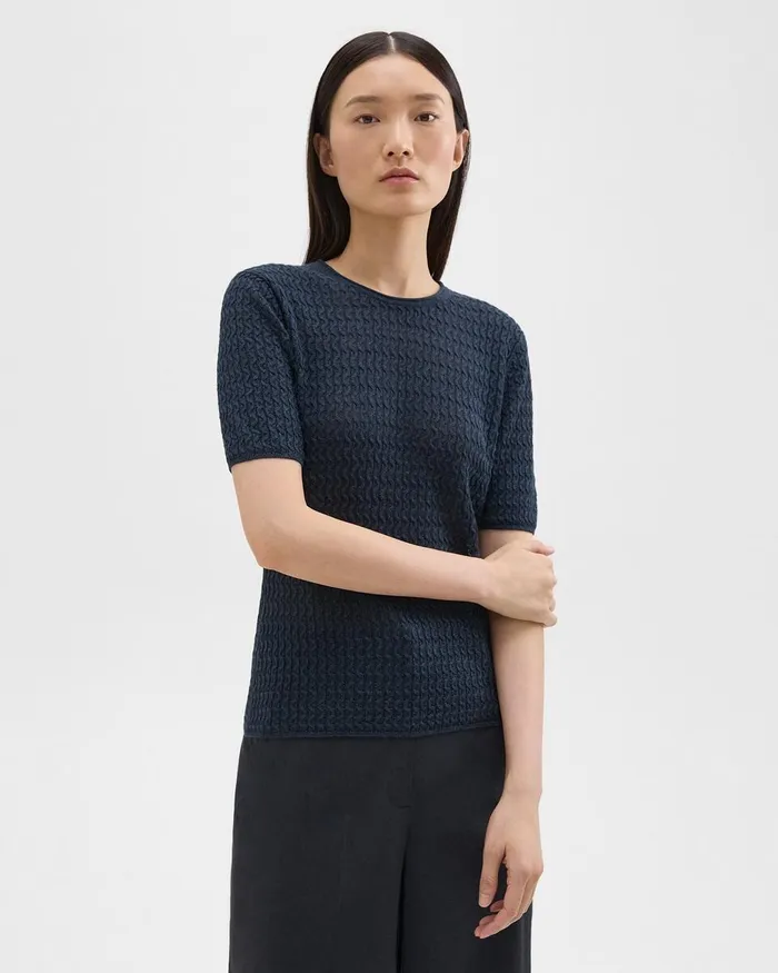 Women Sweaters Cardigans Theory ShortSleeve Sweater In Cable Knit Linen Nocturne Navy