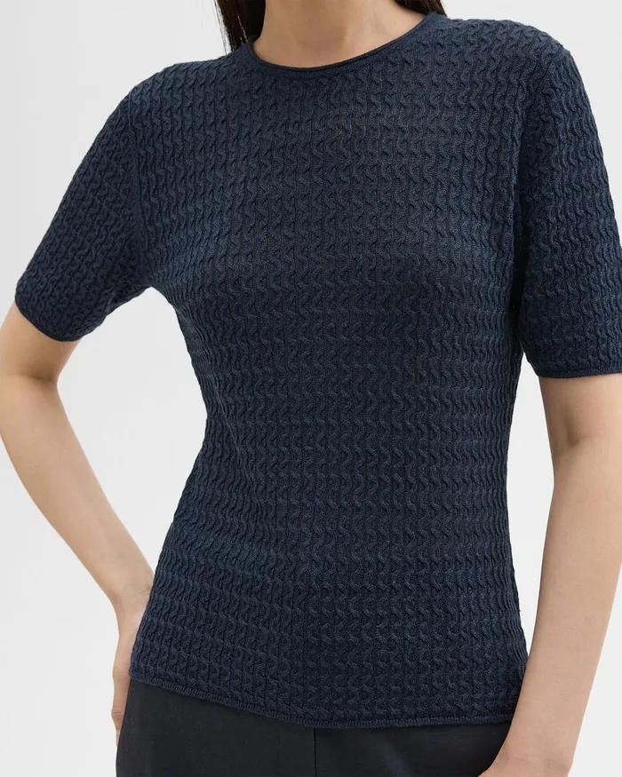 Women Sweaters Cardigans Theory ShortSleeve Sweater In Cable Knit Linen Nocturne Navy