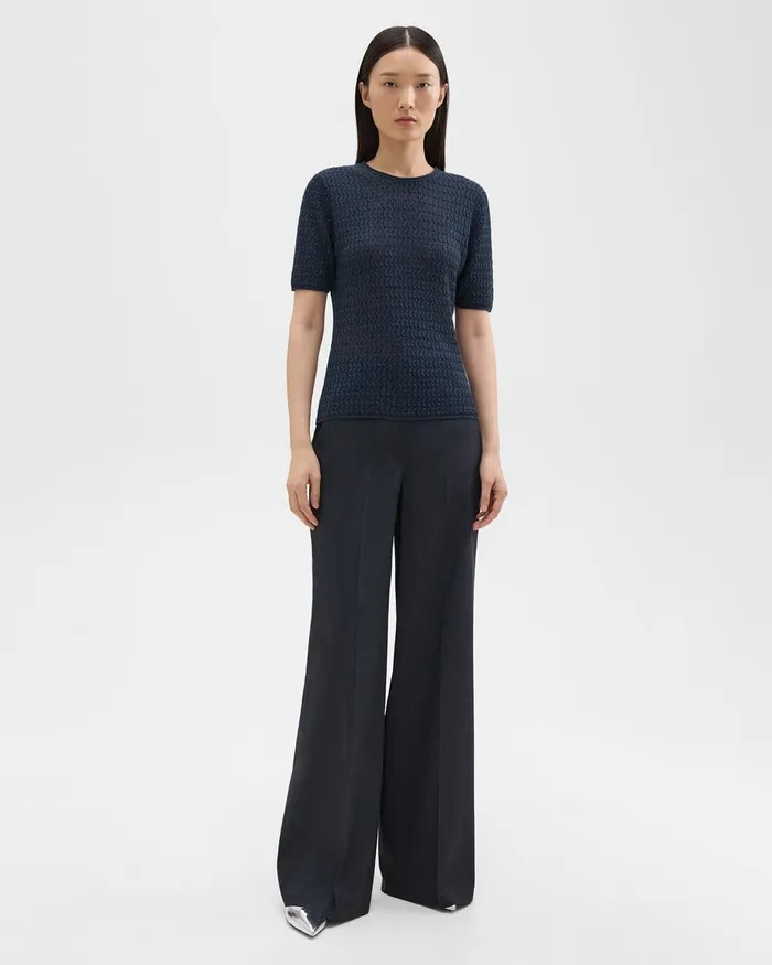 Women Sweaters Cardigans Theory ShortSleeve Sweater In Cable Knit Linen Nocturne Navy