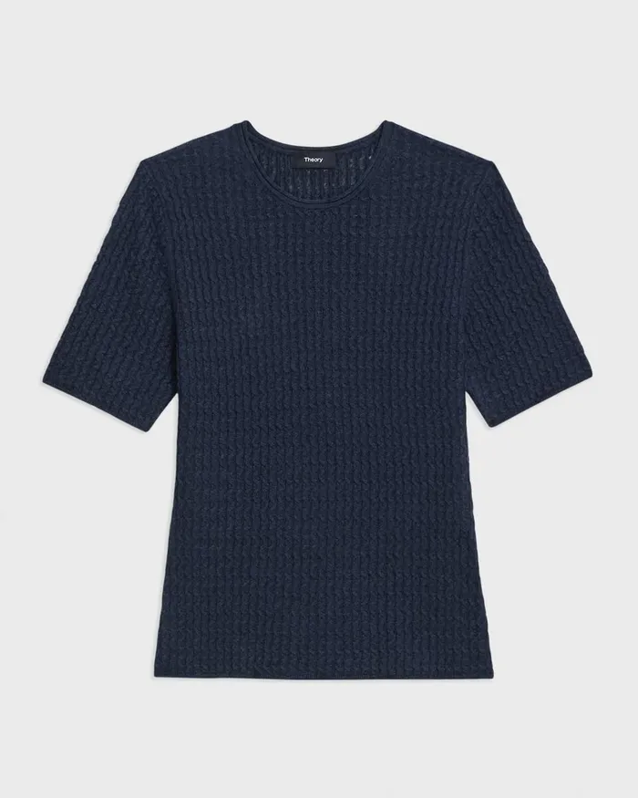 Women Sweaters Cardigans Theory ShortSleeve Sweater In Cable Knit Linen Nocturne Navy