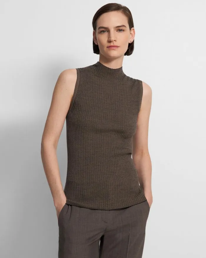 Women Sweaters Cardigans Theory Sleeveless Mock Neck Sweater In Regal Wool Deep Navydark Beige