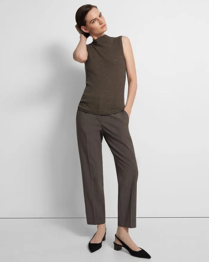 Women Sweaters Cardigans Theory Sleeveless Mock Neck Sweater In Regal Wool Deep Navydark Beige