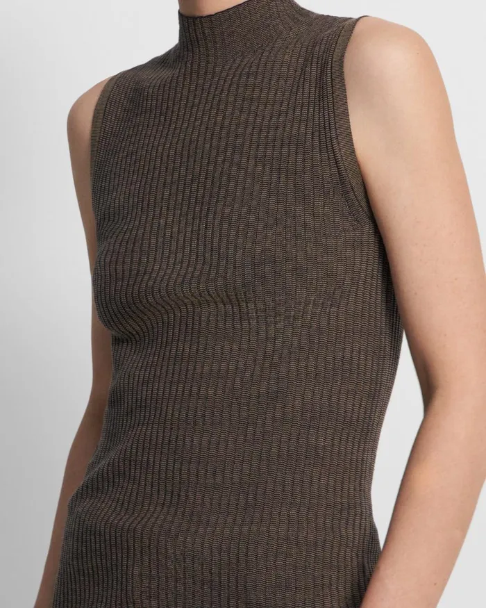 Women Sweaters Cardigans Theory Sleeveless Mock Neck Sweater In Regal Wool Deep Navydark Beige