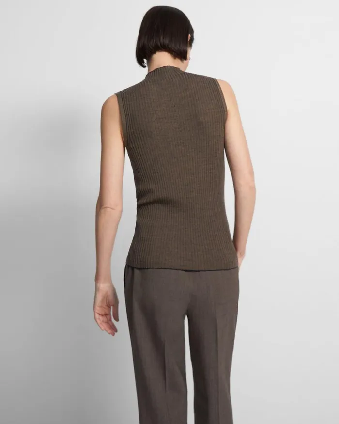 Women Sweaters Cardigans Theory Sleeveless Mock Neck Sweater In Regal Wool Deep Navydark Beige