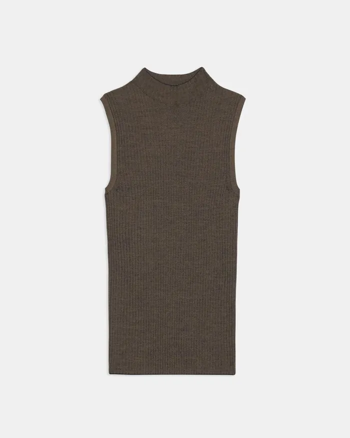 Women Sweaters Cardigans Theory Sleeveless Mock Neck Sweater In Regal Wool Deep Navydark Beige