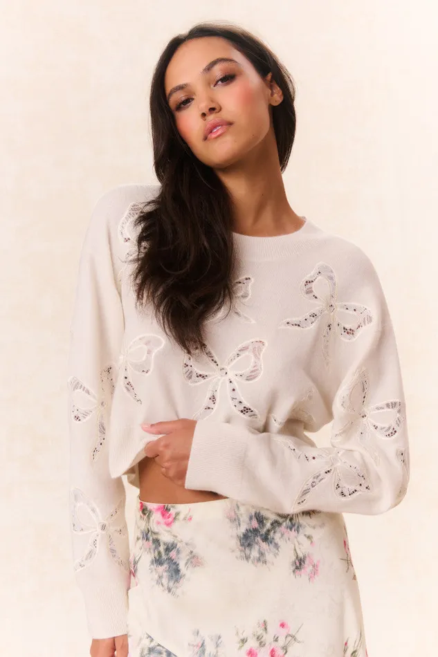 Women Sweaters LoveShackFancy Parson Bow Print Pullover Marshmallow Bliss
