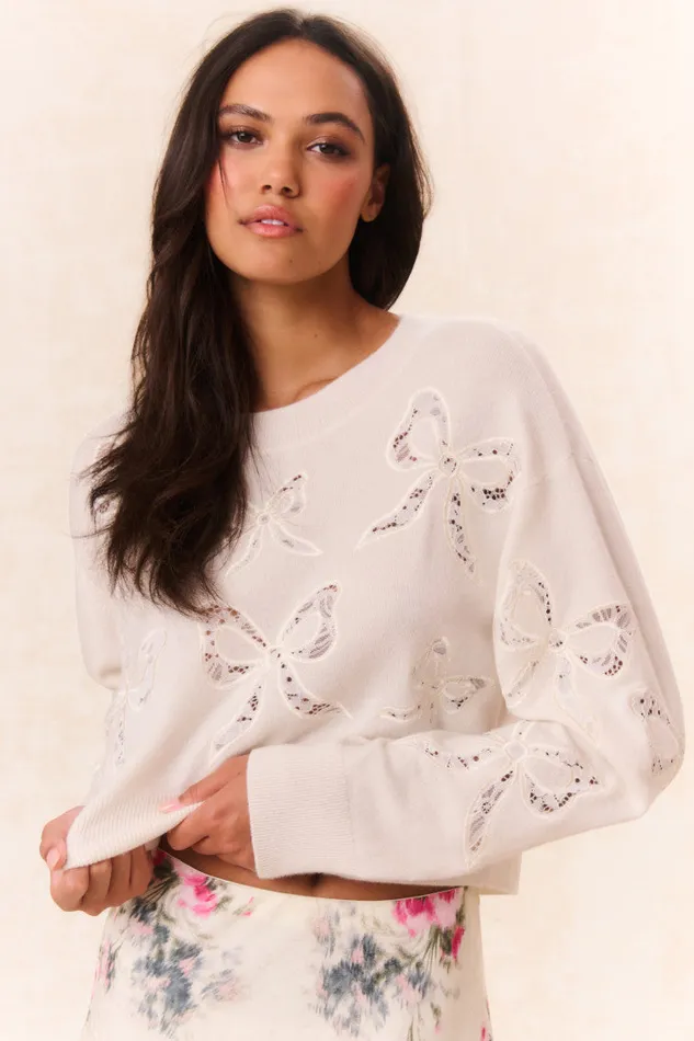 Women Sweaters LoveShackFancy Parson Bow Print Pullover Marshmallow Bliss
