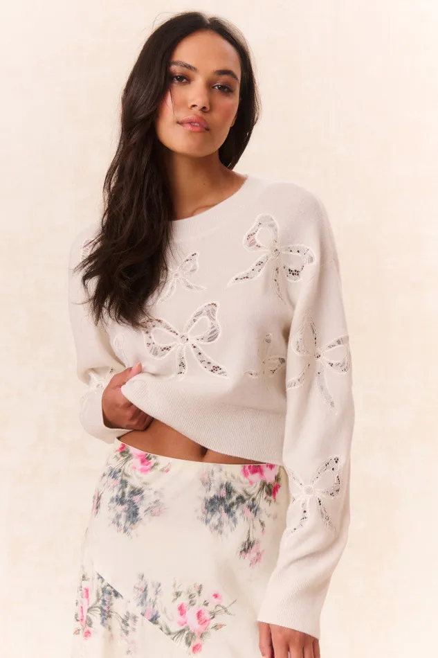 Women Sweaters LoveShackFancy Parson Bow Print Pullover Marshmallow Bliss