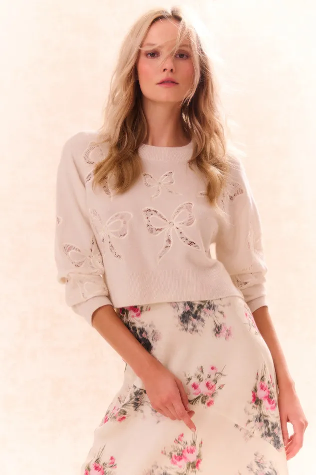 Women Sweaters LoveShackFancy Parson Bow Print Pullover Marshmallow Bliss