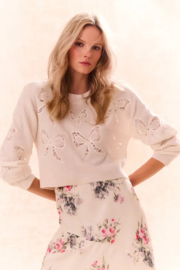 Women Sweaters LoveShackFancy Parson Bow Print Pullover Marshmallow Bliss
