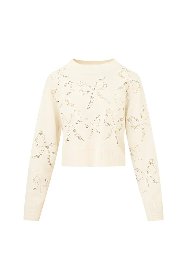 Women Sweaters LoveShackFancy Parson Bow Print Pullover Marshmallow Bliss