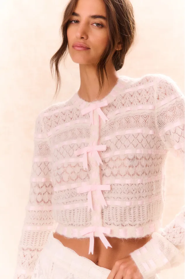 Women Sweaters LoveShackFancy Roselline BowDetailed Knit Cardigan Vanilla Rose
