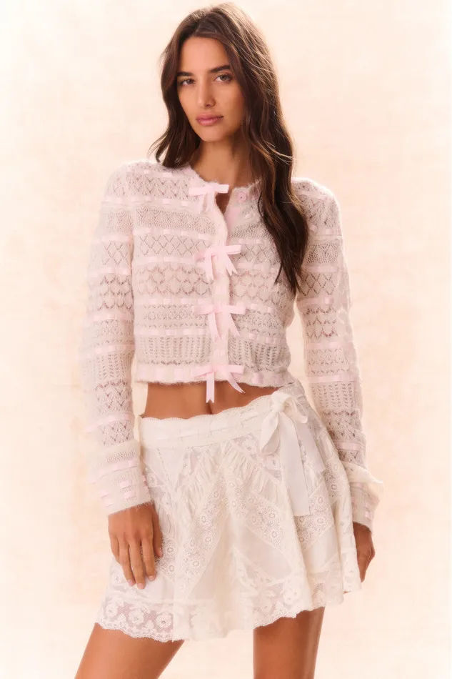 Women Sweaters LoveShackFancy Roselline BowDetailed Knit Cardigan Vanilla Rose
