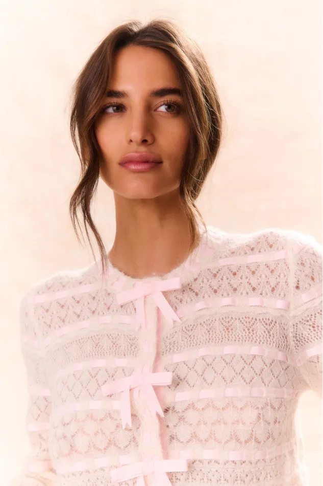 Women Sweaters LoveShackFancy Roselline BowDetailed Knit Cardigan Vanilla Rose