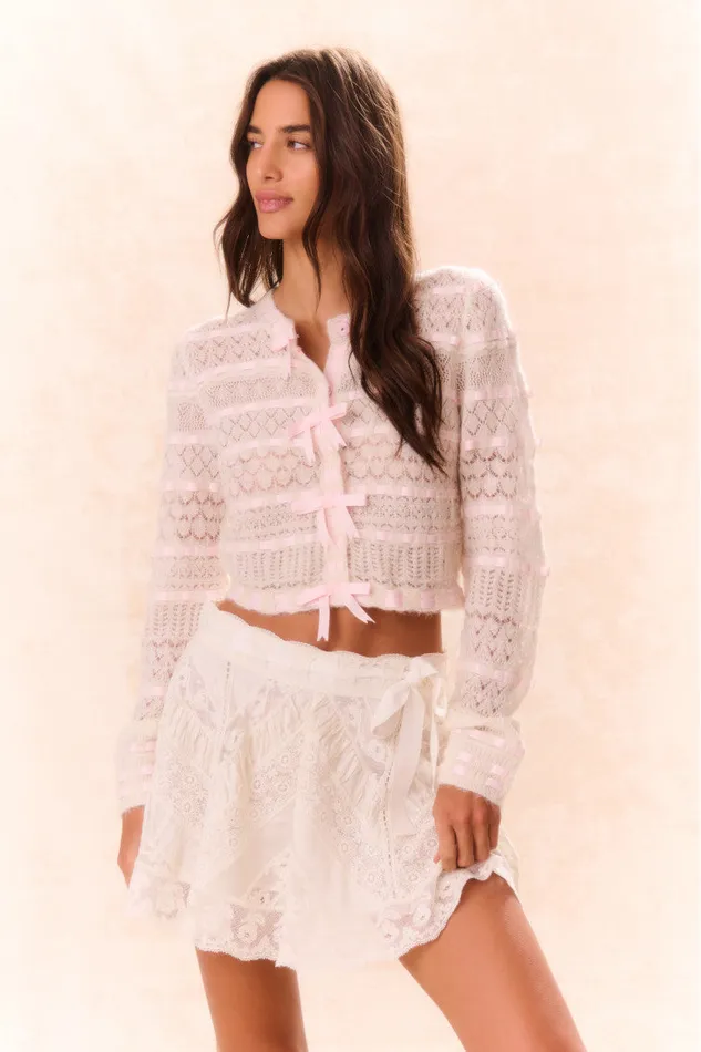 Women Sweaters LoveShackFancy Roselline BowDetailed Knit Cardigan Vanilla Rose
