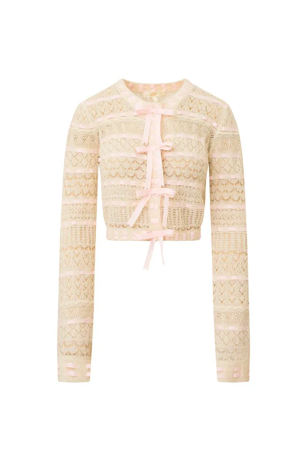 Women Sweaters LoveShackFancy Roselline BowDetailed Knit Cardigan Vanilla Rose
