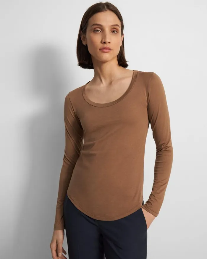 Women TShirts Tank Tops Theory Tiny LongSleeve Scoop Tee In Organic Cotton Truffle