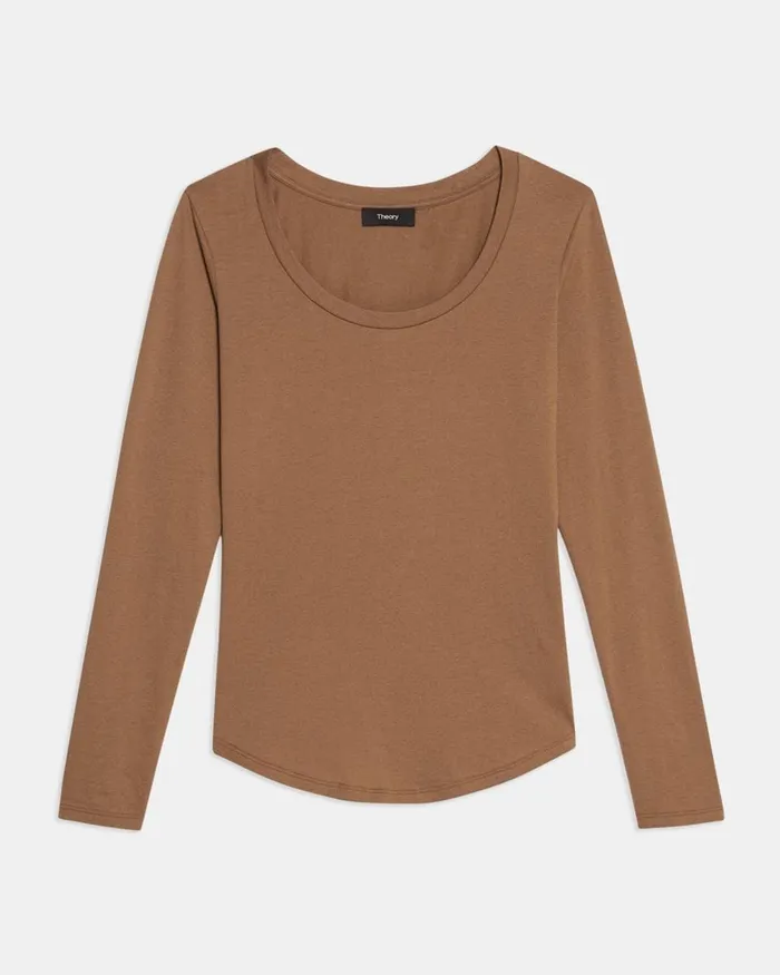 Women TShirts Tank Tops Theory Tiny LongSleeve Scoop Tee In Organic Cotton Truffle