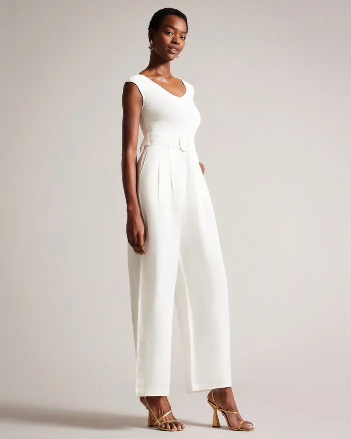 Women TABBIAA 8211 Knitted Bodice Wide Leg Jumpsuit White Ted Baker Trousers and Shorts