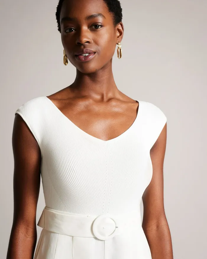 Women TABBIAA 8211 Knitted Bodice Wide Leg Jumpsuit White Ted Baker Trousers and Shorts