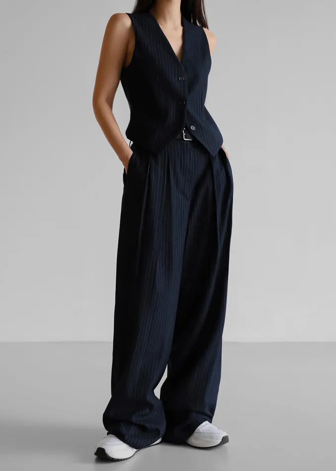 Women Tansy Pleated Trousers 8211 Navy Pinstripe The Frankie Shop Bottoms