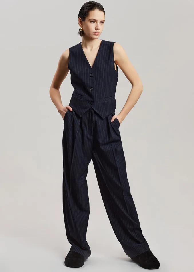 Women Tansy Pleated Trousers 8211 Navy Pinstripe The Frankie Shop Bottoms