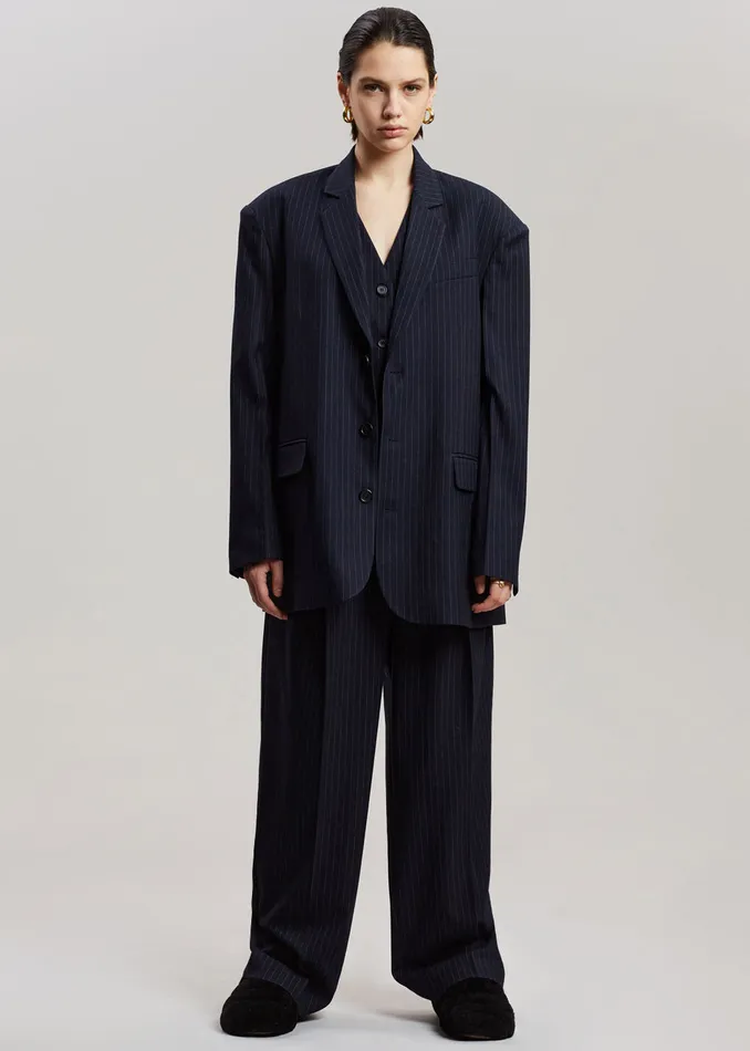 Women Tansy Pleated Trousers 8211 Navy Pinstripe The Frankie Shop Bottoms