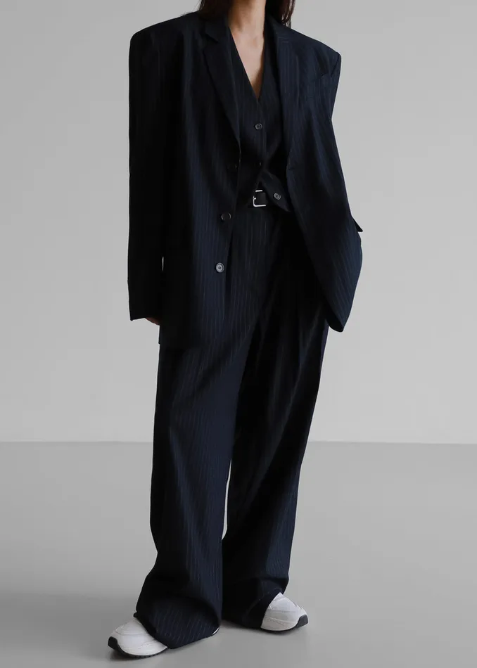 Women Tansy Pleated Trousers 8211 Navy Pinstripe The Frankie Shop Bottoms