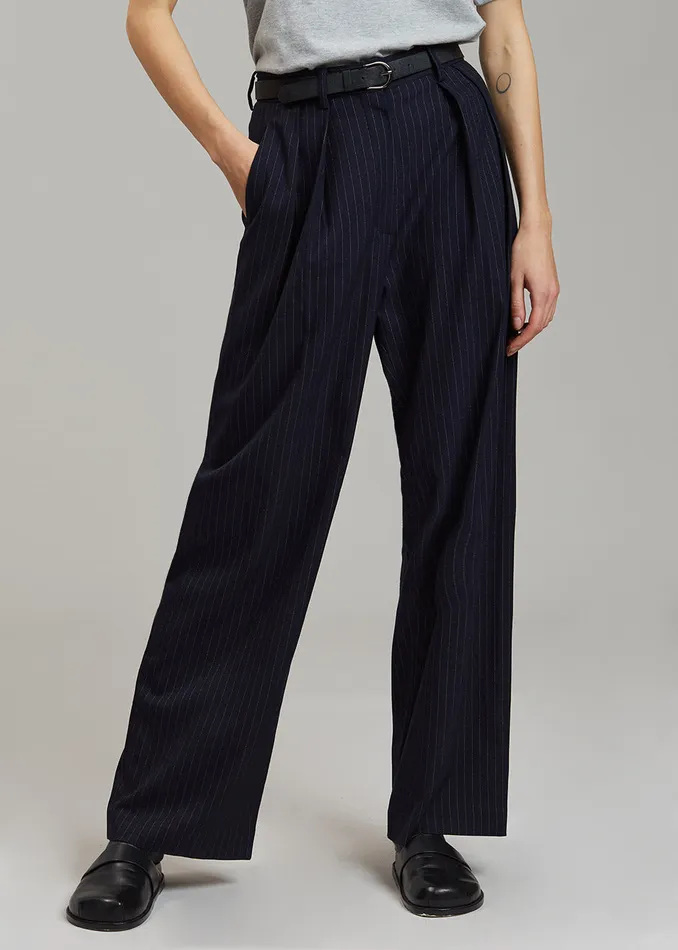 Women Tansy Pleated Trousers 8211 Navy Pinstripe The Frankie Shop Bottoms