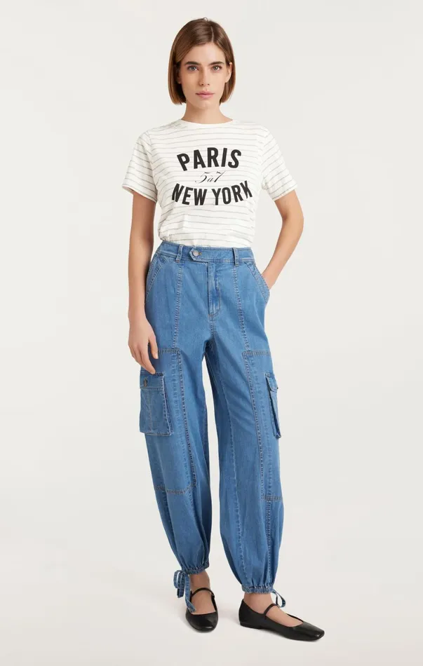 Women Tees and Pullovers Cinq Sept Melange Stripe Paris New York Tee Ivoryheather Grey