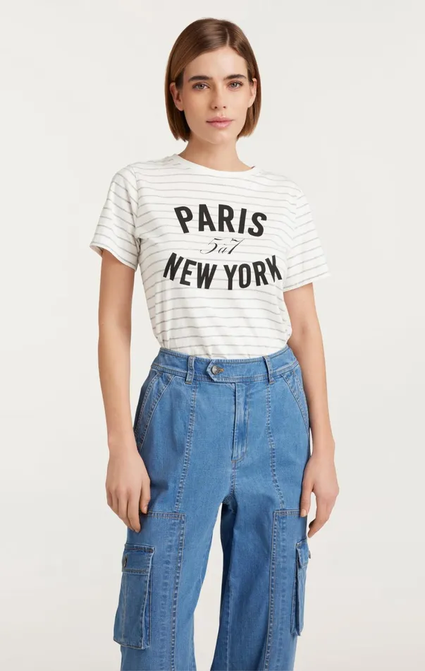 Women Tees and Pullovers Cinq Sept Melange Stripe Paris New York Tee Ivoryheather Grey