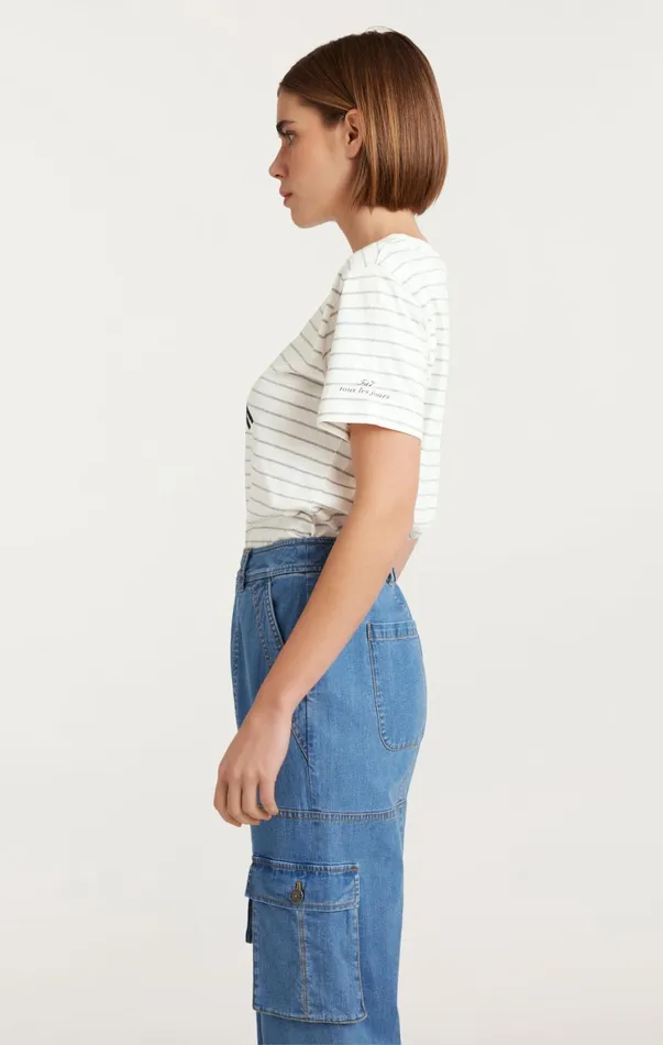 Women Tees and Pullovers Cinq Sept Melange Stripe Paris New York Tee Ivoryheather Grey