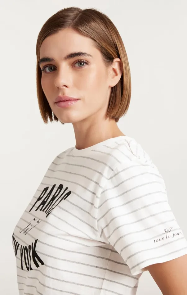 Women Tees and Pullovers Cinq Sept Melange Stripe Paris New York Tee Ivoryheather Grey