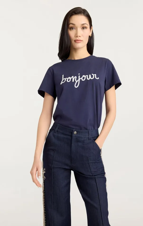 Women Tees and Pullovers Cinq Sept Sequined Bonjour Tee Navywhite