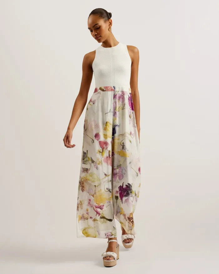 Women TIRSSO 8211 Floral Wide Leg Jumpsuit With Knit Bodice White Ted Baker Jumpsuits and Playsuits