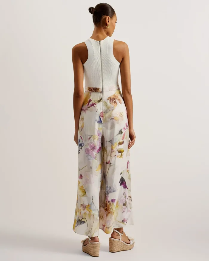 Women TIRSSO 8211 Floral Wide Leg Jumpsuit With Knit Bodice White Ted Baker Jumpsuits and Playsuits