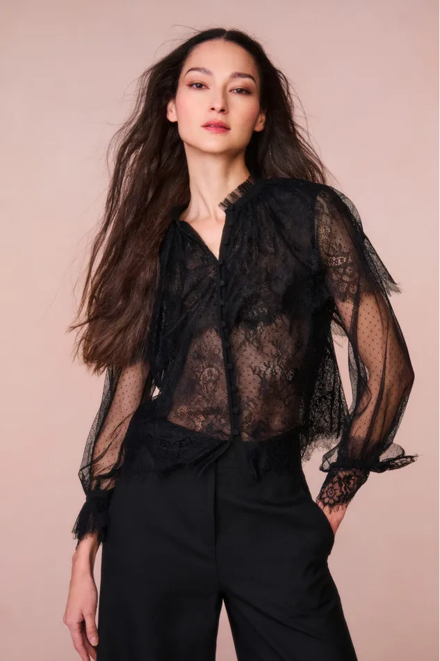 Women Tops LoveShackFancy Duquette Sheer Lace Top Black