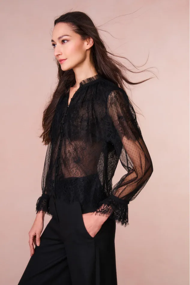 Women Tops LoveShackFancy Duquette Sheer Lace Top Black